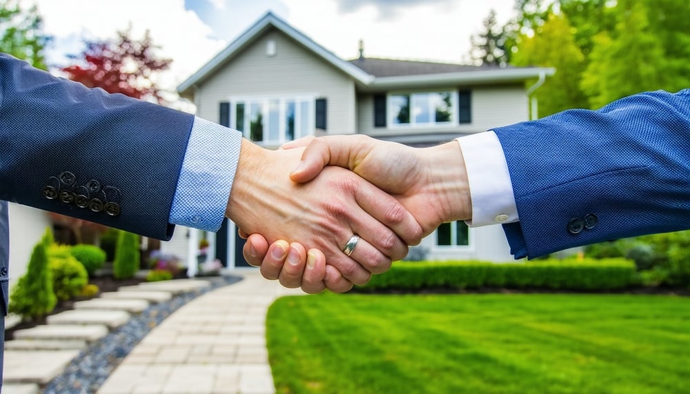 A handshake in front of a newly acquired investment property